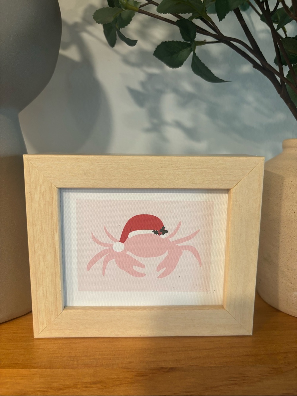 Festive Pink Crab Art Print with Red Santa Hat